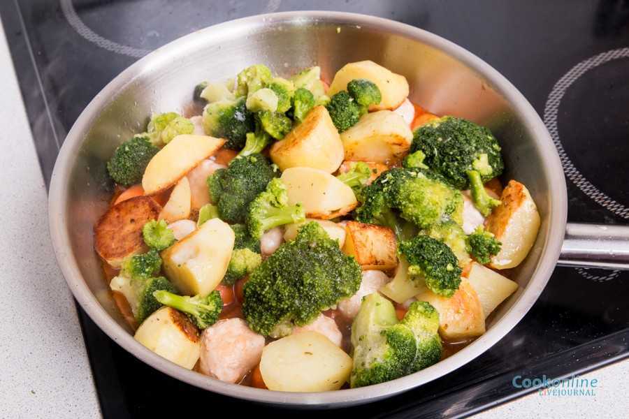 Простой рецепт брокколи на сковороде. Овощное рагу с брокколи. Овощное рагу с броколями. Овощное рагу с индейкой и брокколи. Брокколи с овощами на сковороде.
